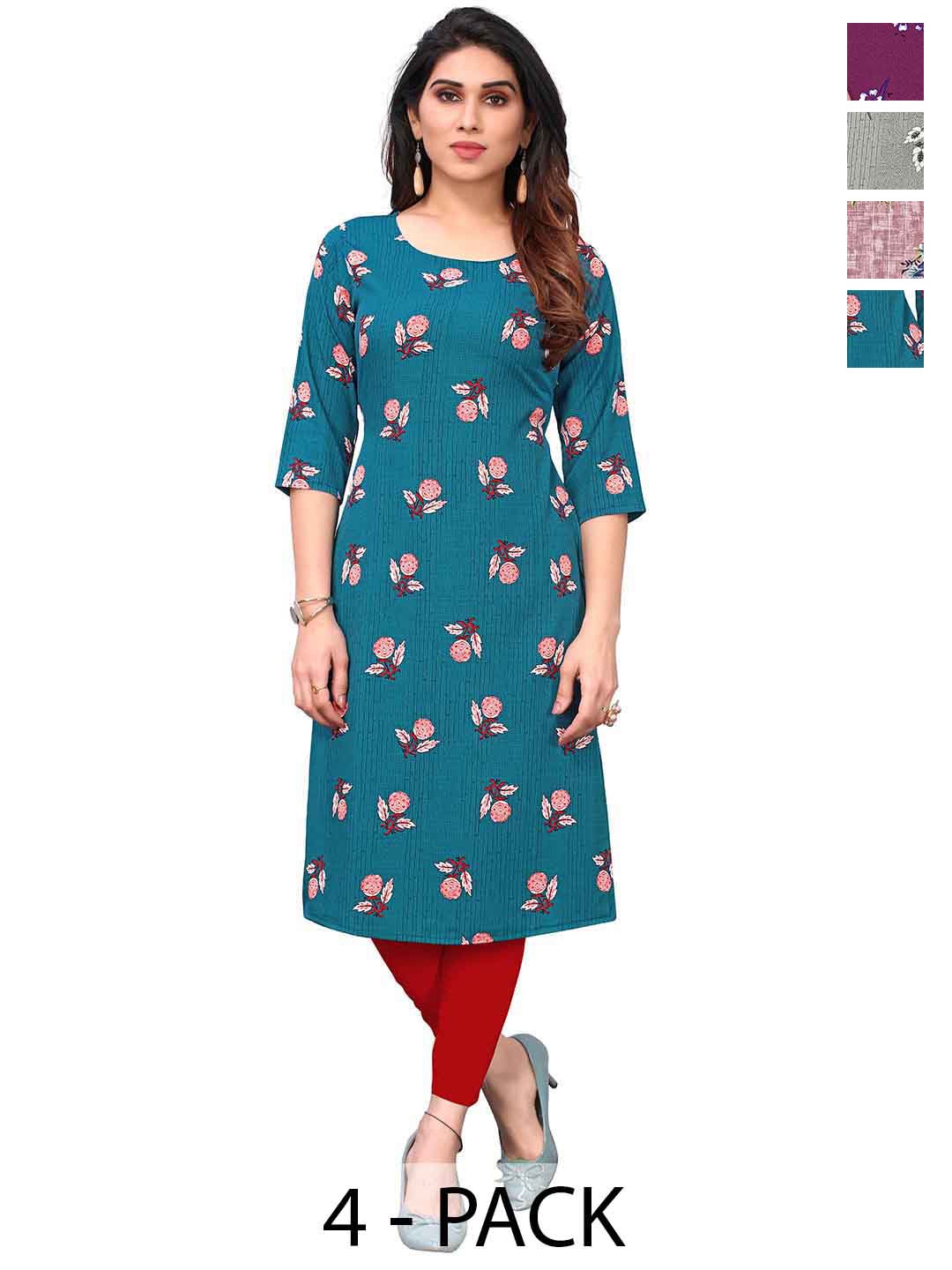 

KETAKI FASHION Selection Of 4 Floral Printed Round Neck Straight Kurtas, Teal