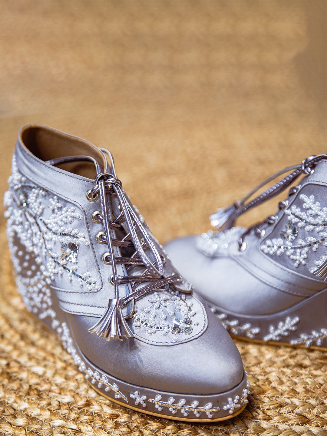 

TIESTA Women Embellished Hand Embroidered Wedges Heel Sneakers, Silver