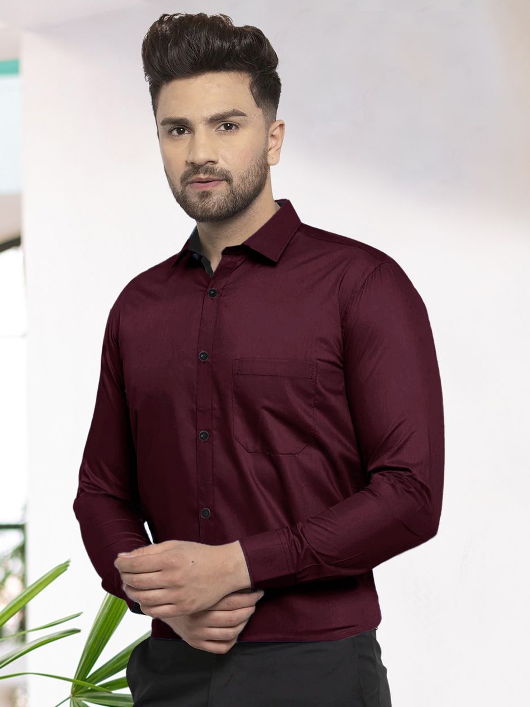 

Moda Rapido Men Standard Fit Spread Collar Solid Cotton Formal Shirt, Maroon