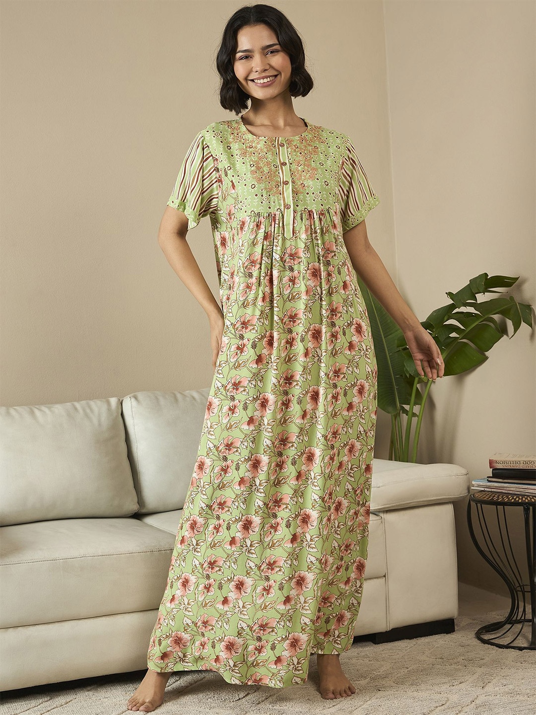 

July Floral Maxi Nightdress, Green