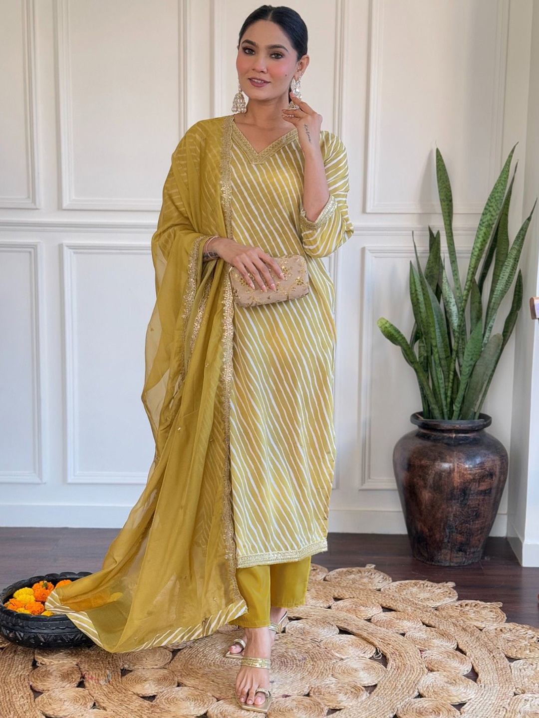 

KALINI Striped V-Neck Chanderi Silk Straight Kurta With Trousers & Dupatta, Yellow