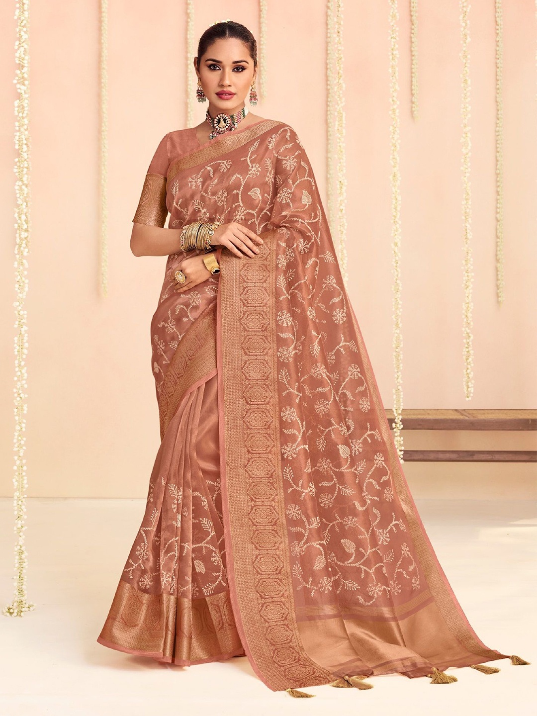 

MAHALASA Ethnic Motifs Zari Saree, Peach
