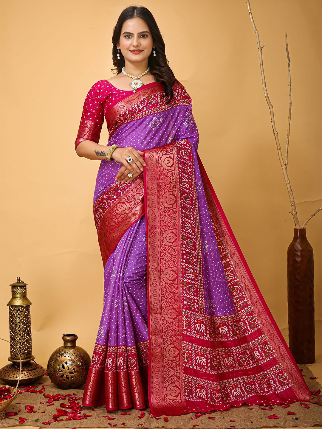 

KALINI Bandhani Zari Art Silk Banarasi Saree, Purple