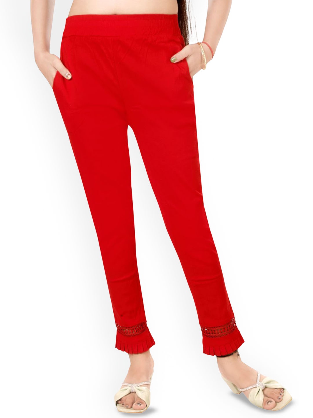 

Fessist Women Slim Fit Easy Wash High-Rise Cotton Cherry Red Trousers