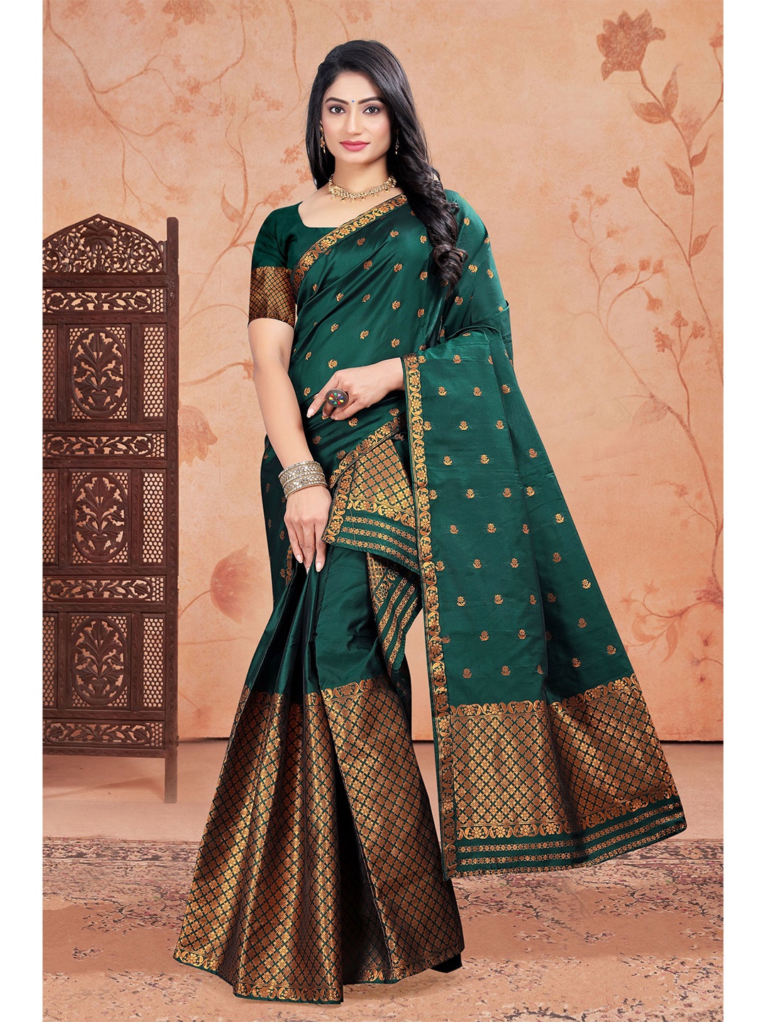 

KAMDAR Traditional Assamese Poly Pat Silk Blend Mekhela Sador, Green