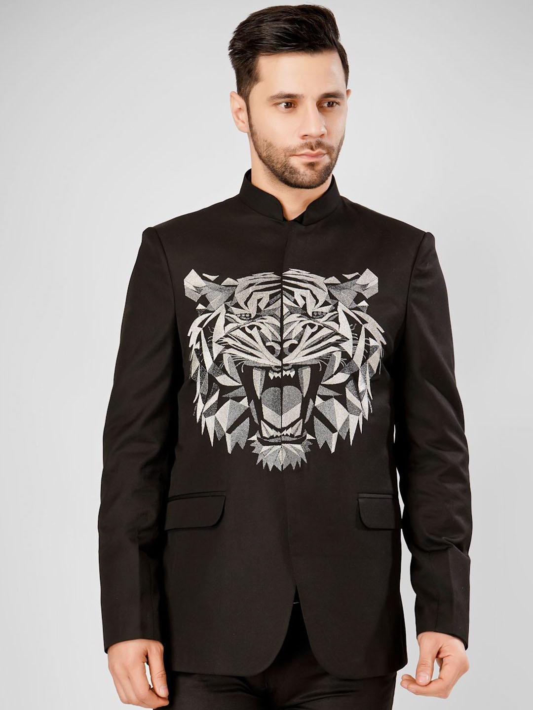 

Wintage Printed Mandarin Collar Neck Banarasi Cotton Bandhgala Blazers, Black