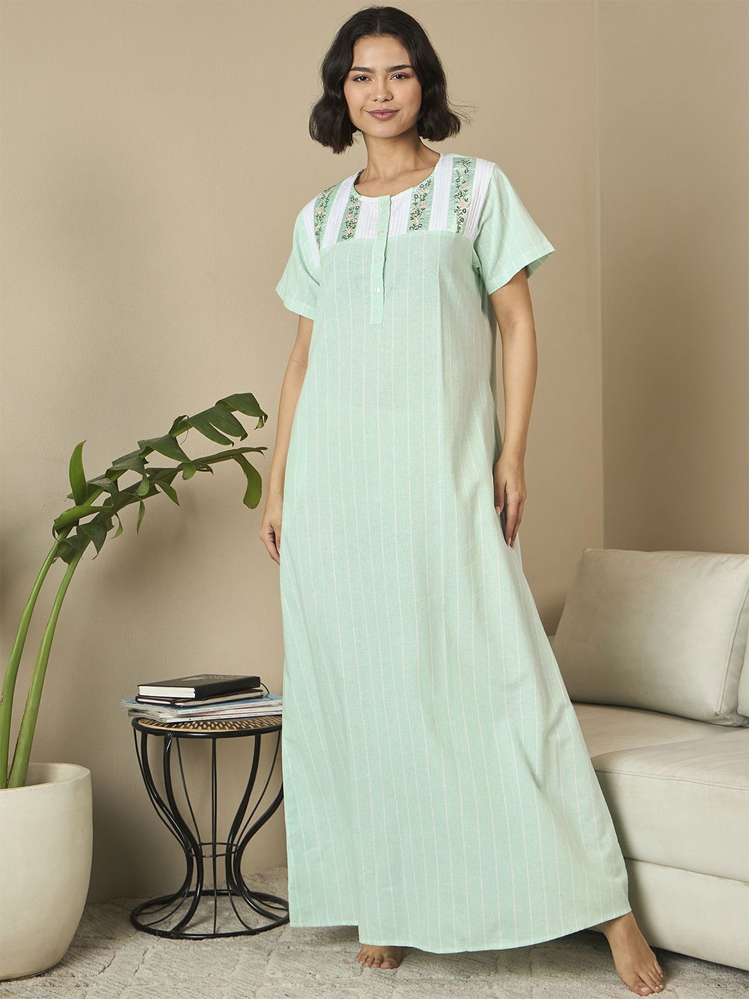 

July Embroidered Maxi Nightdress, Green