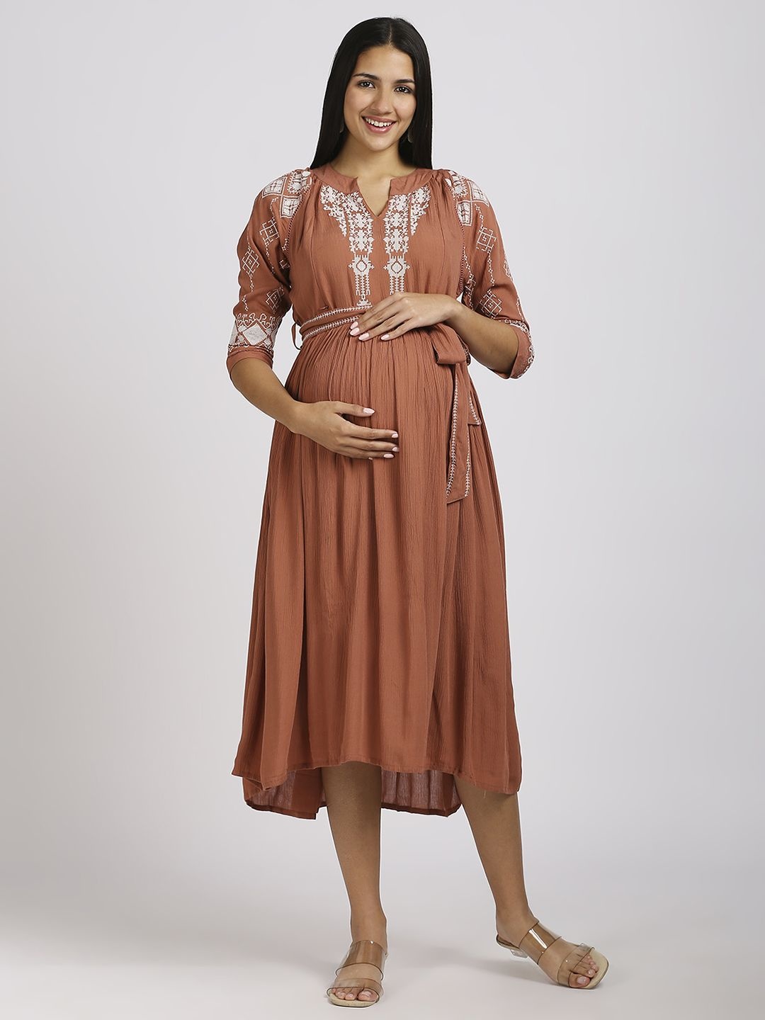 

MeeMee Women Embroidered Maternity Fit & Flare Dress, Rust