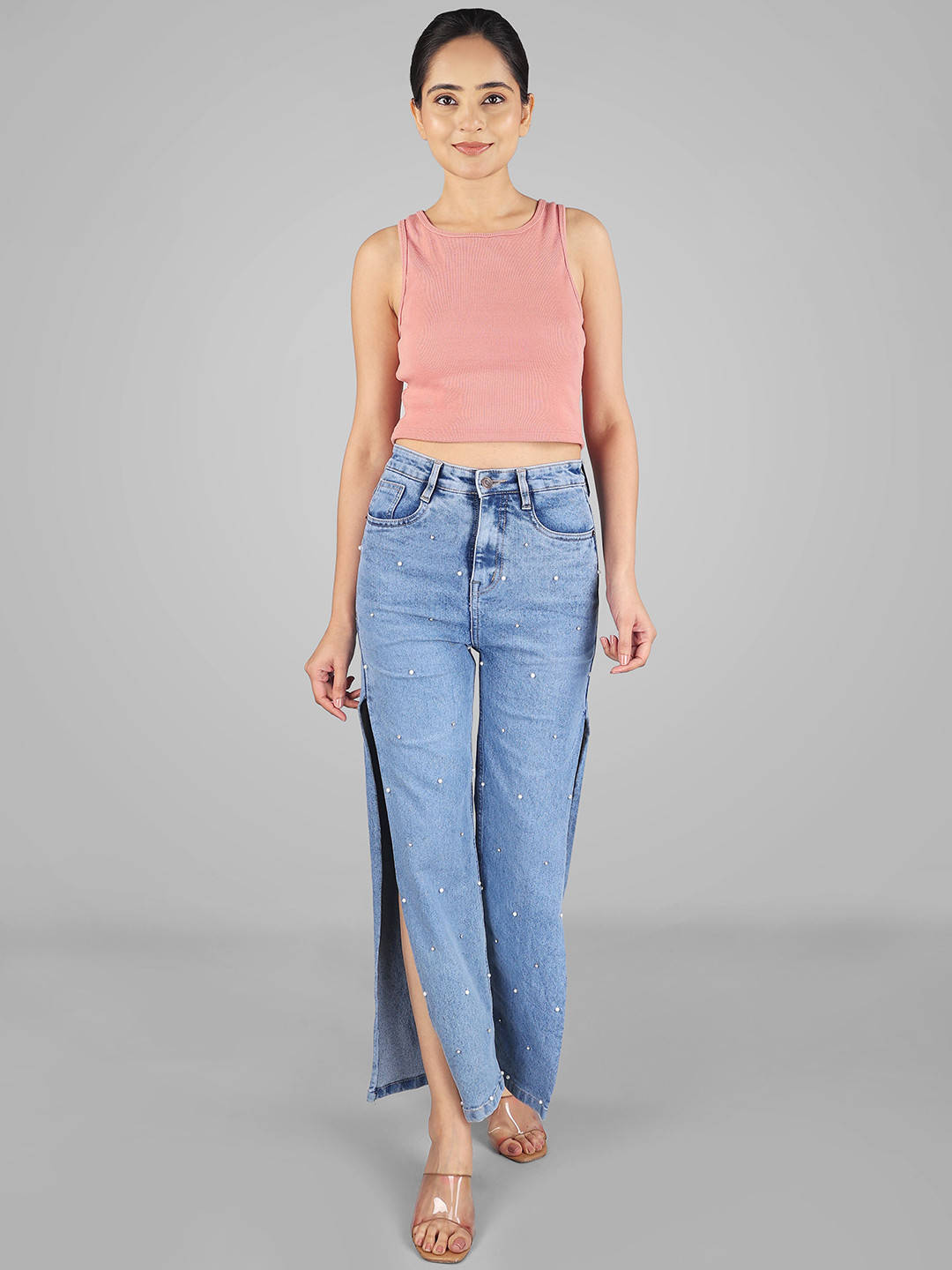 

Wear Your Words Women Pearl Studded Cut Out Jeans - Ice Blue