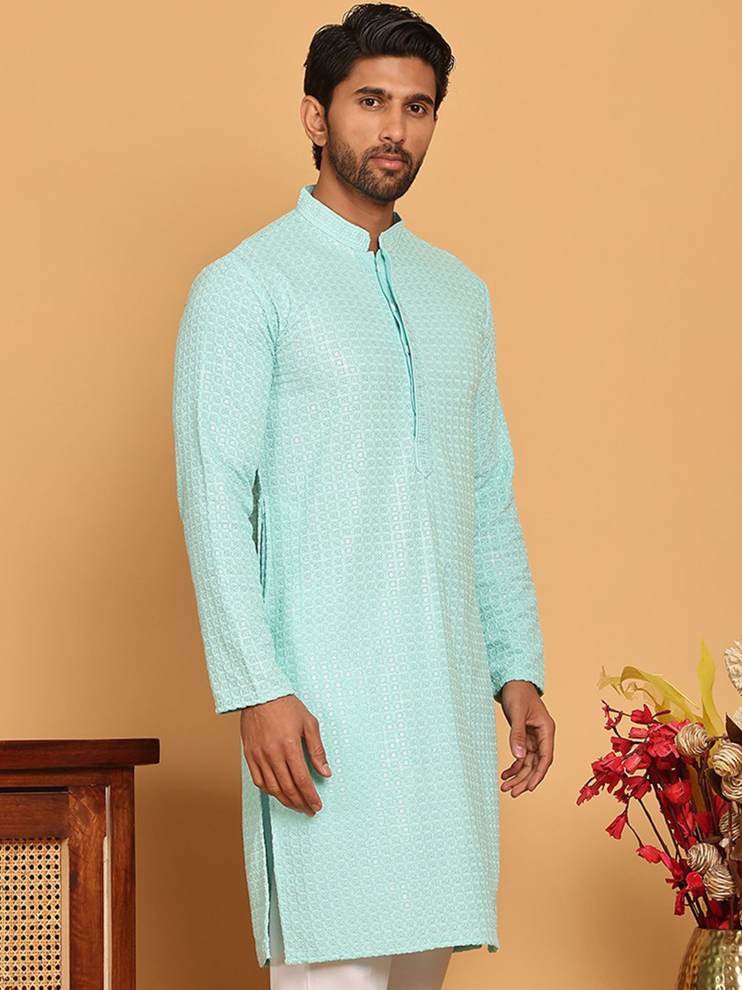 

Jompers Geometric Embroidered Mandarin Collar Sequinned Straight Kurta, Turquoise blue