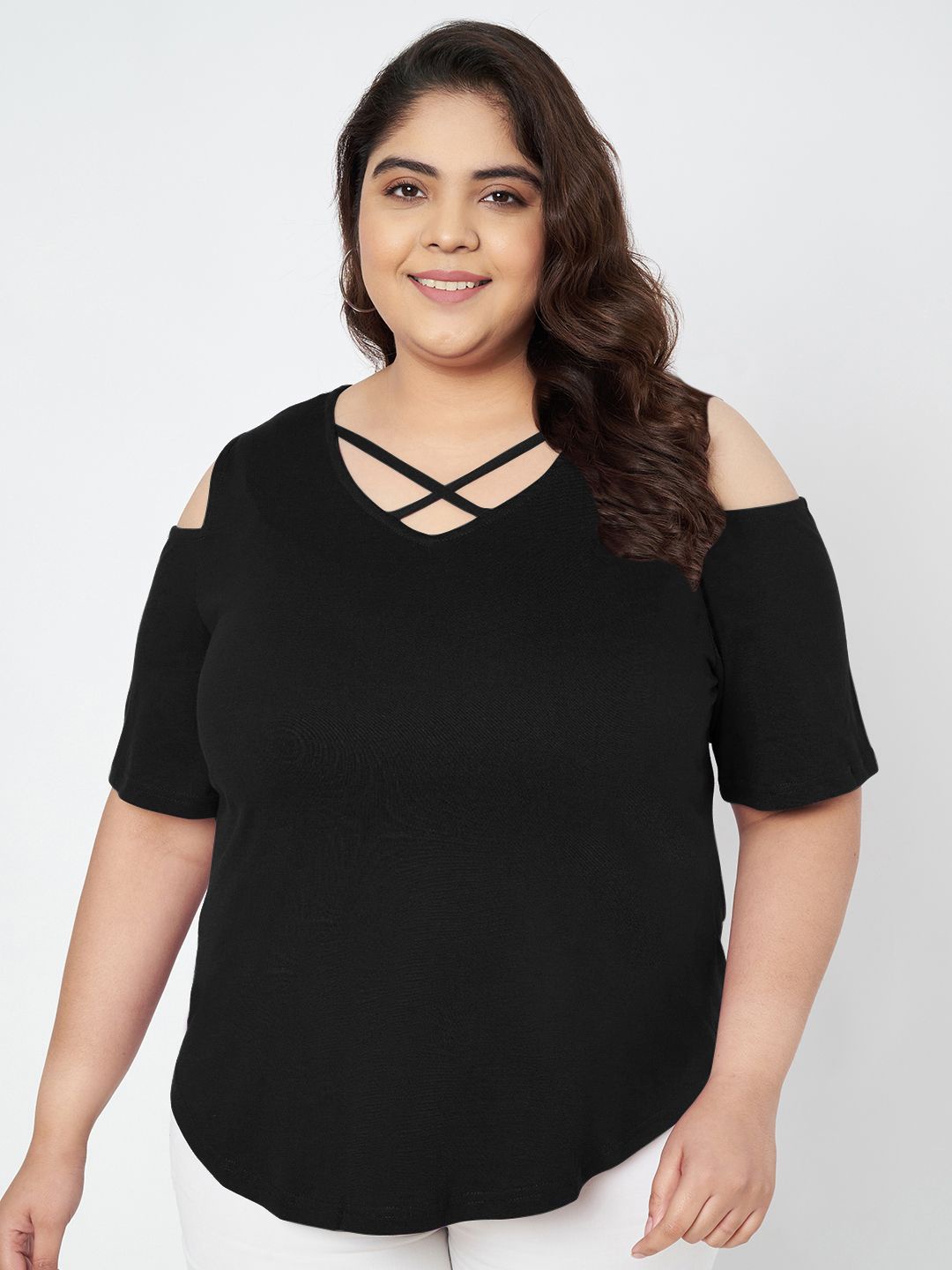 

BRINNS Plus Size Cut Out Detail Cotton Top, Black