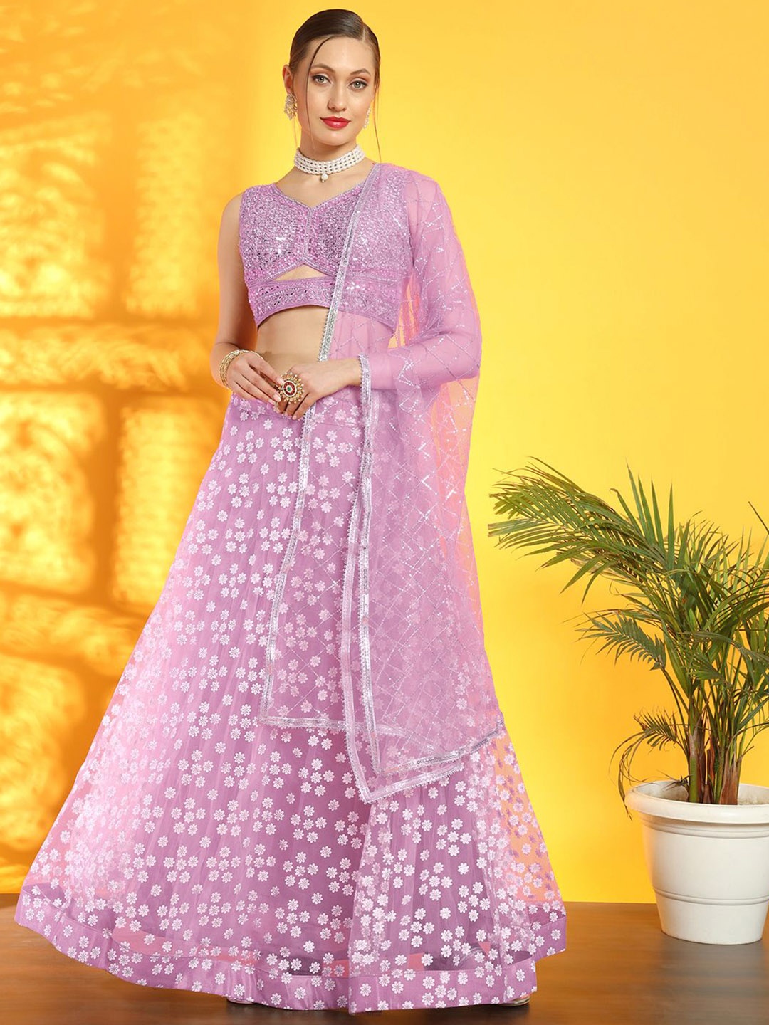 

Chhabra 555 Floral Printed Lehenga Choli Embellished Crop Top With Dupatta, Lavender