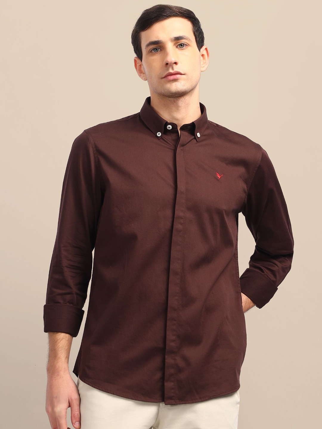 

AMSWAN Men Button-Down Collar Solid Cotton Casual Shirt, Brown
