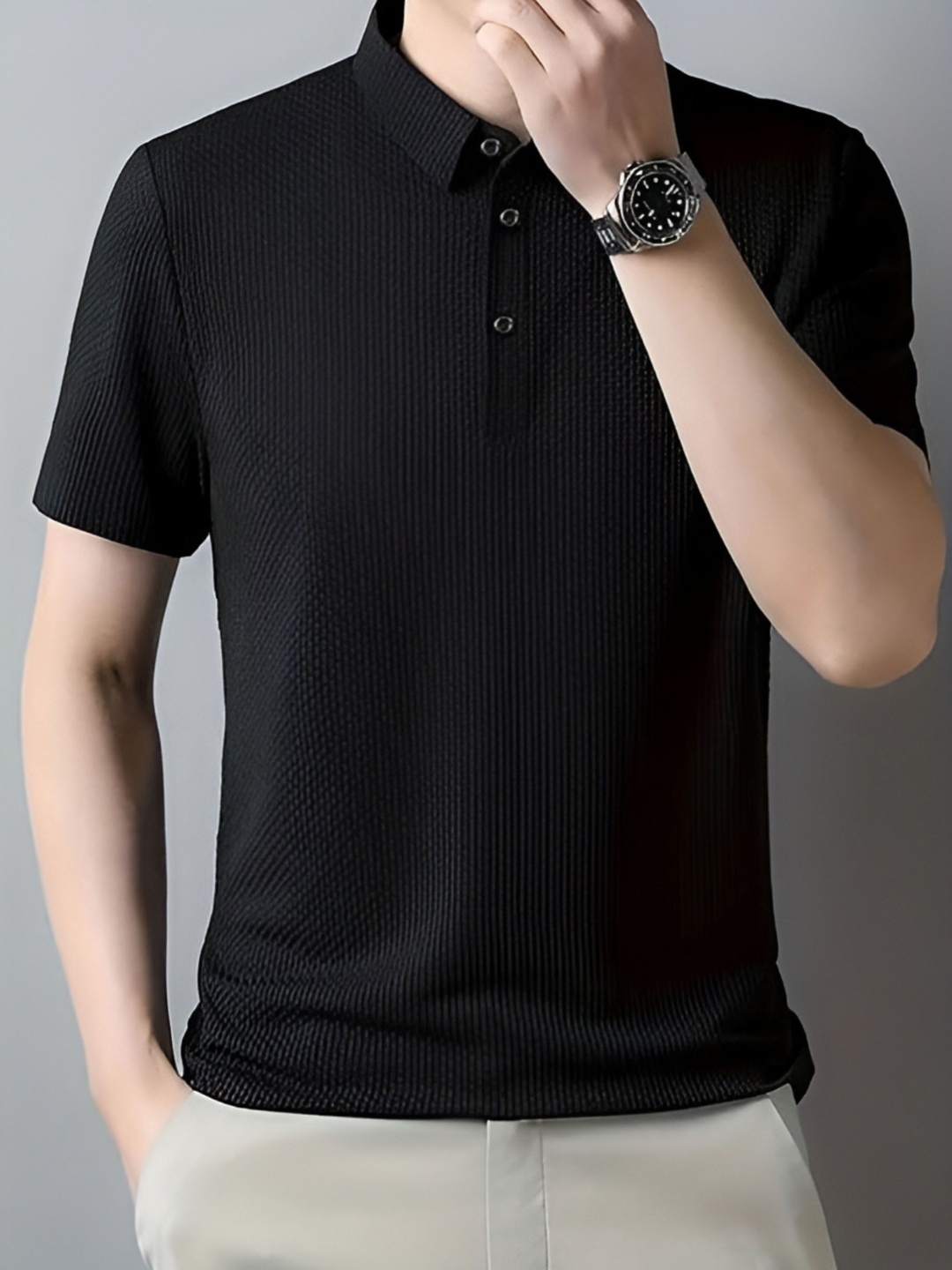 

Fashion2wear Men Self Design Polo Collar T-shirt, Black