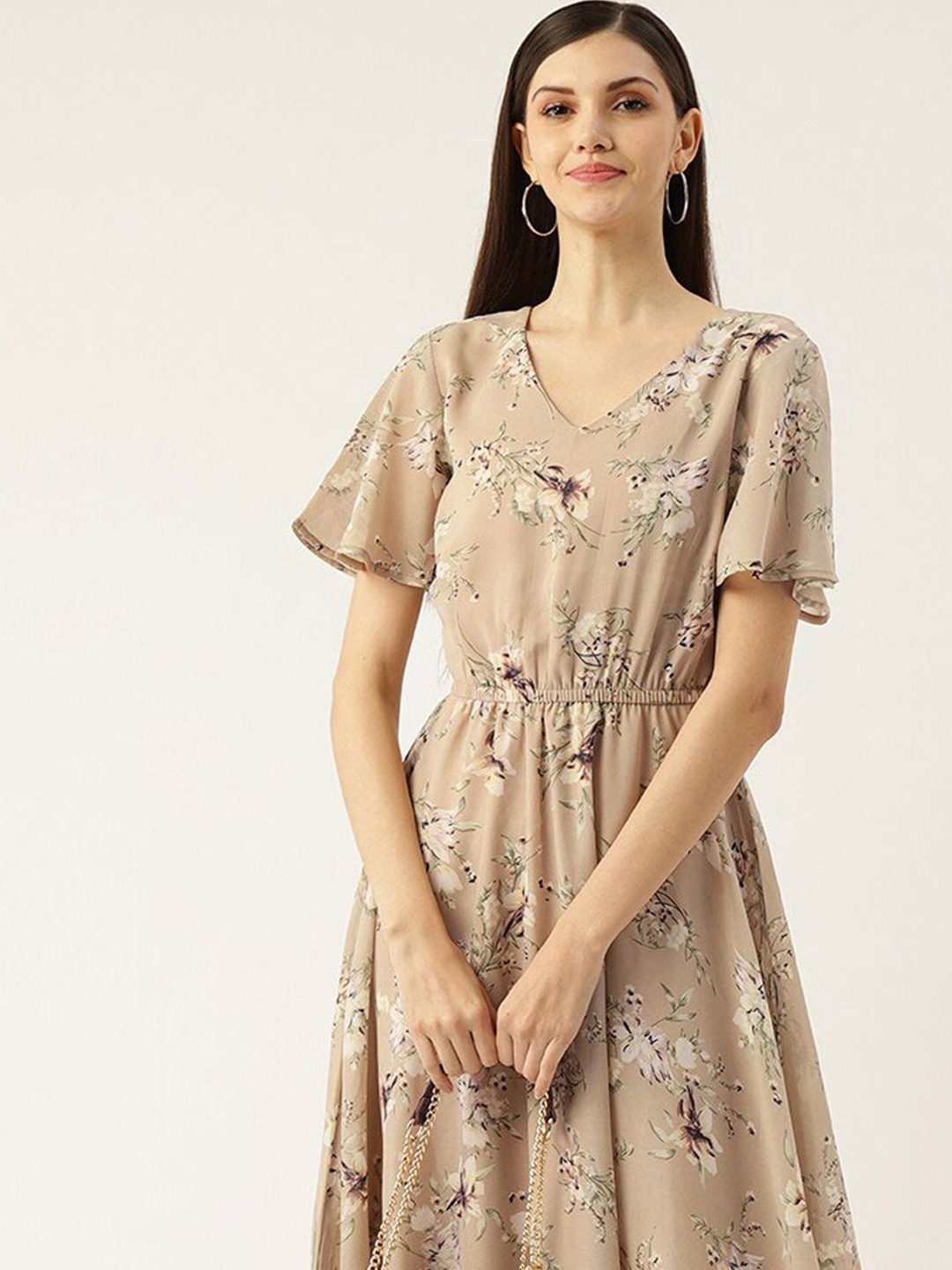 

DressBerry Floral Print Flared Sleeve Georgette Fit And Flare Midi Dress, Beige