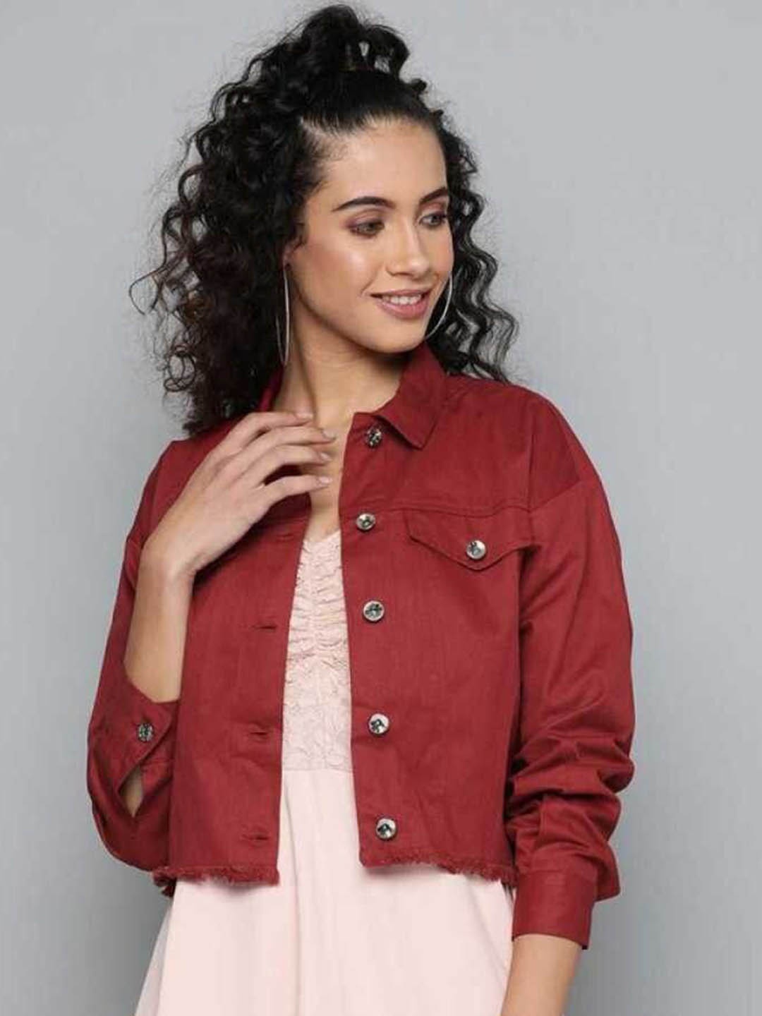

KASHIAN Women Spread Collar Solid Casual Denim Jacket, Maroon