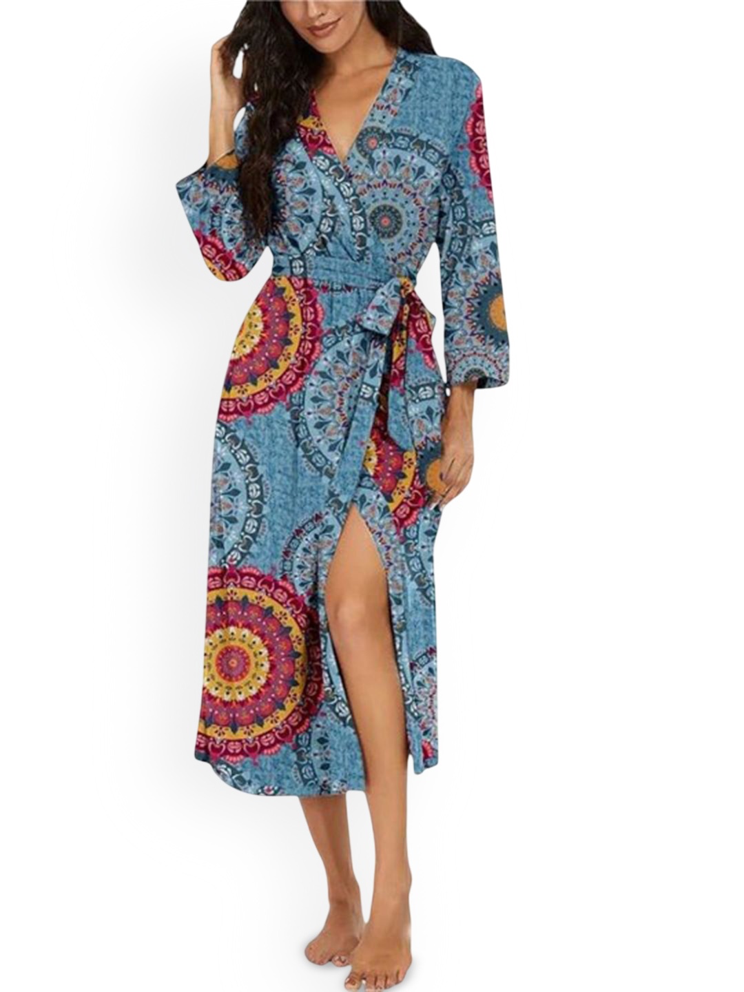 

Beera Women Printed Shawl Collar Neck Robe, Blue