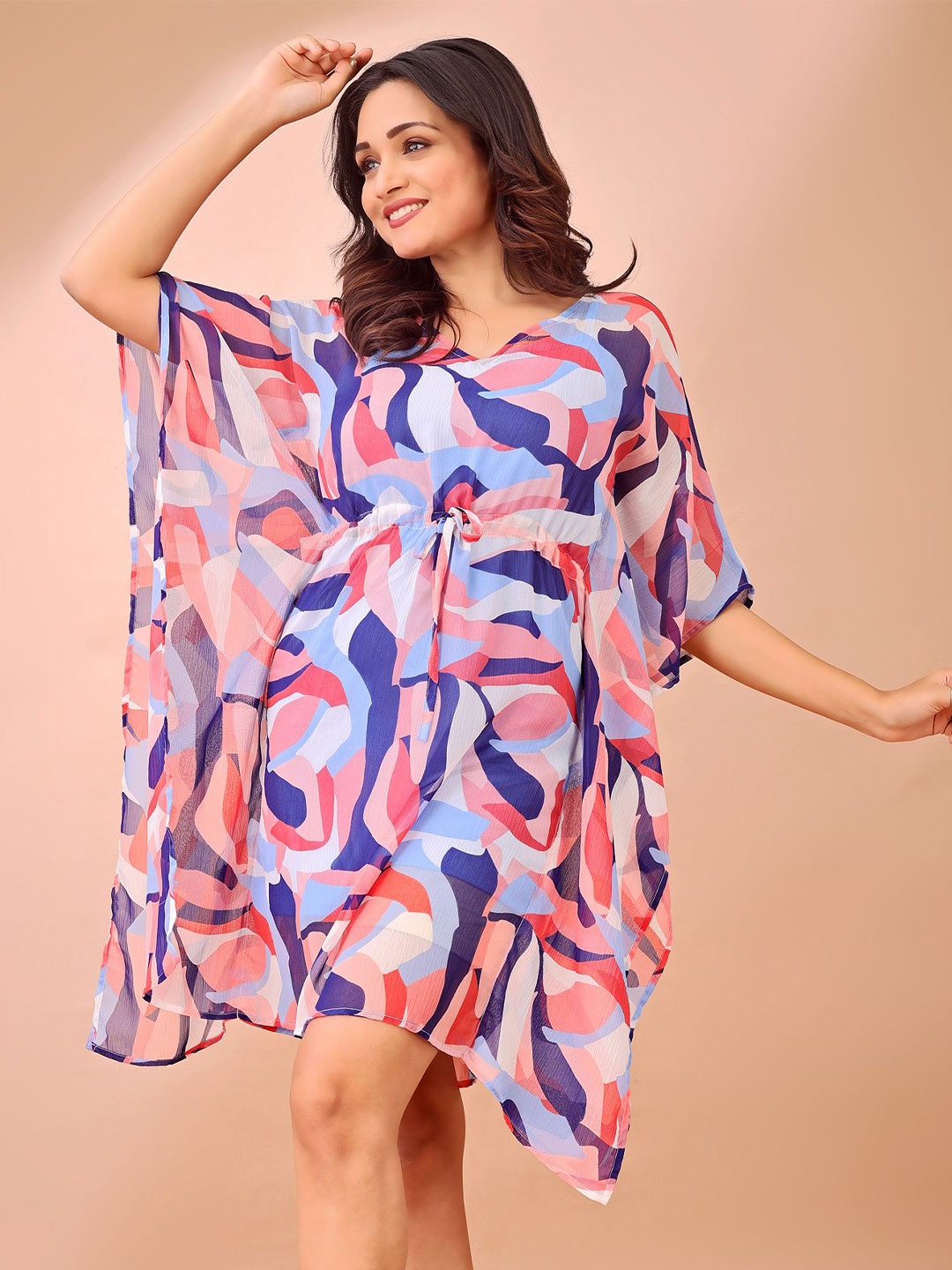 

DressBerry Printed Kimono Sleeves Asymmetric Hem Kaftan Dress, White