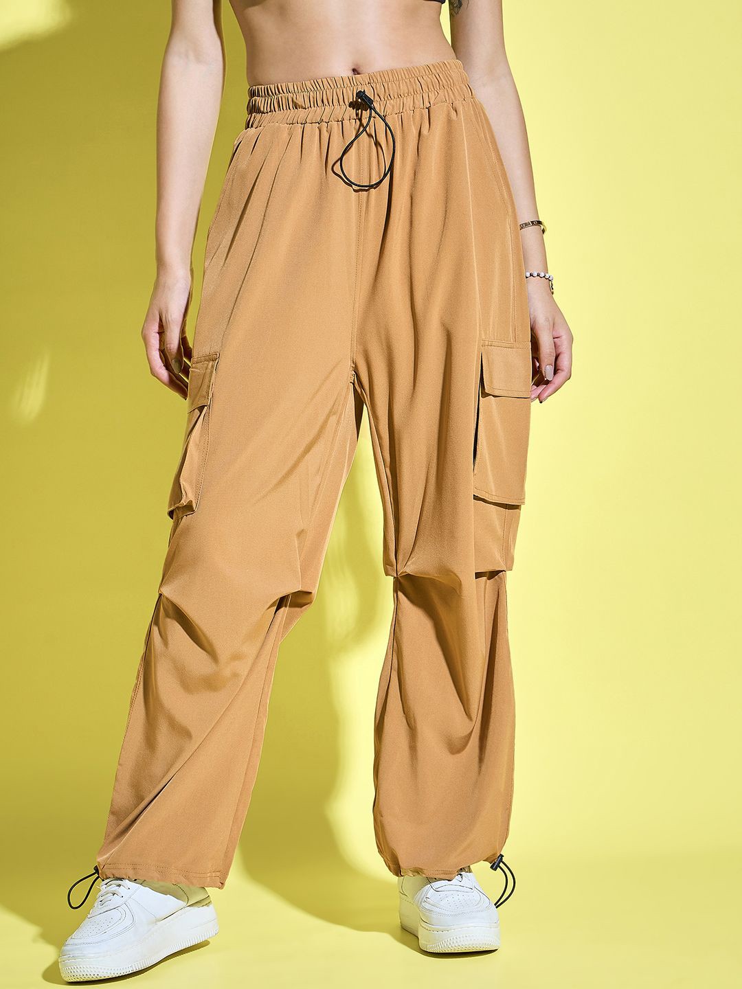 

DIMPY GARMENTS Women Relaxed Loose Fit High-Rise Cargos Trousers, Yellow