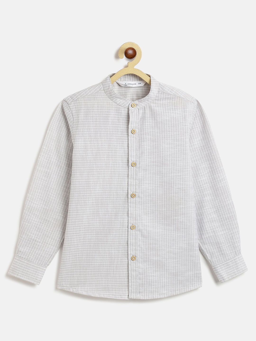 

Campana Boys Band Collar Pinstripes Striped Cotton Casual Shirt, Grey