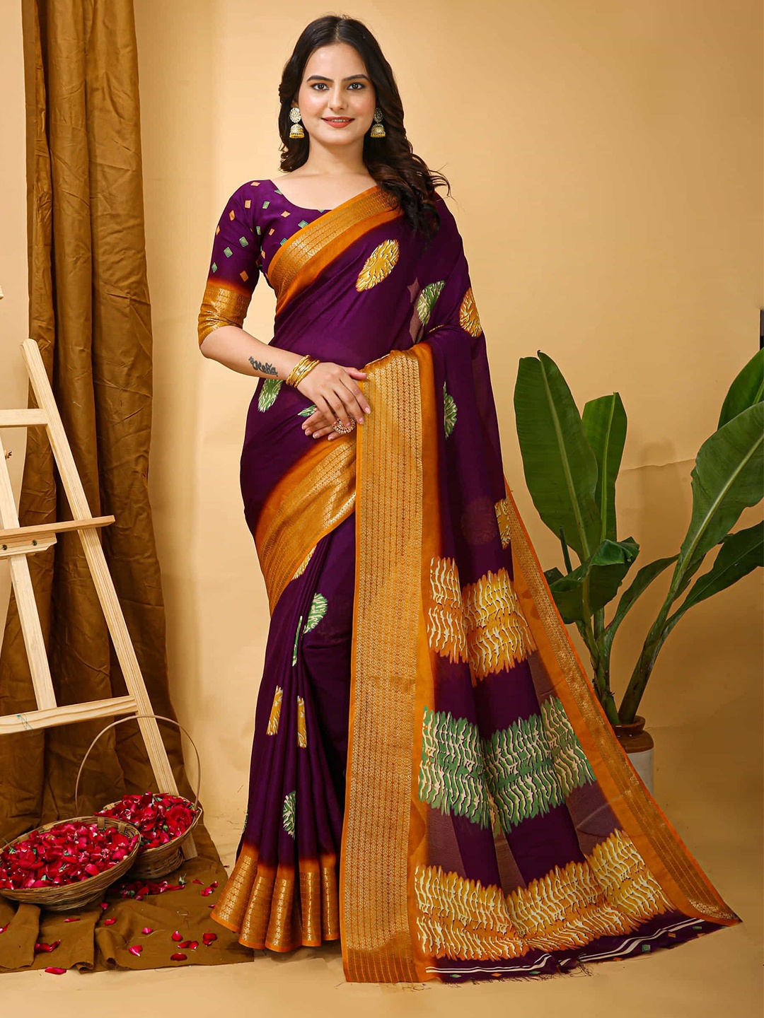 

KALINI Floral Zari Banarasi Saree, Purple