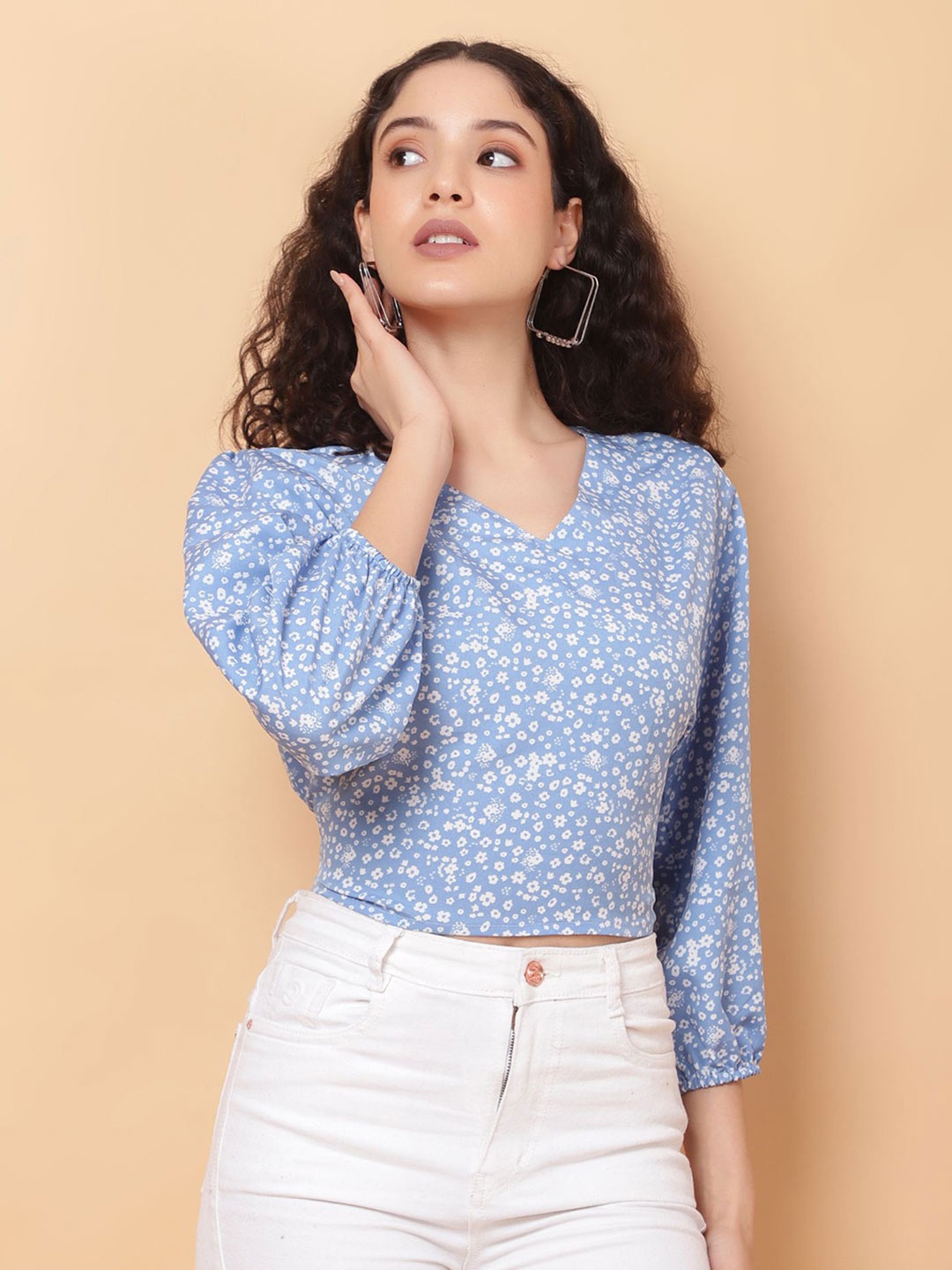 

ROSEMELON Women Floral Printed V-Neck Top, Blue