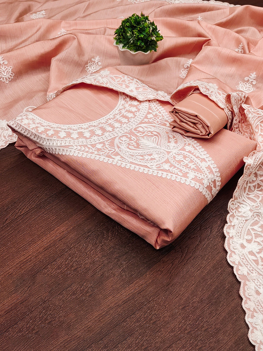 

Blissta Floral Embroidered Unstitched Dress Material, Peach