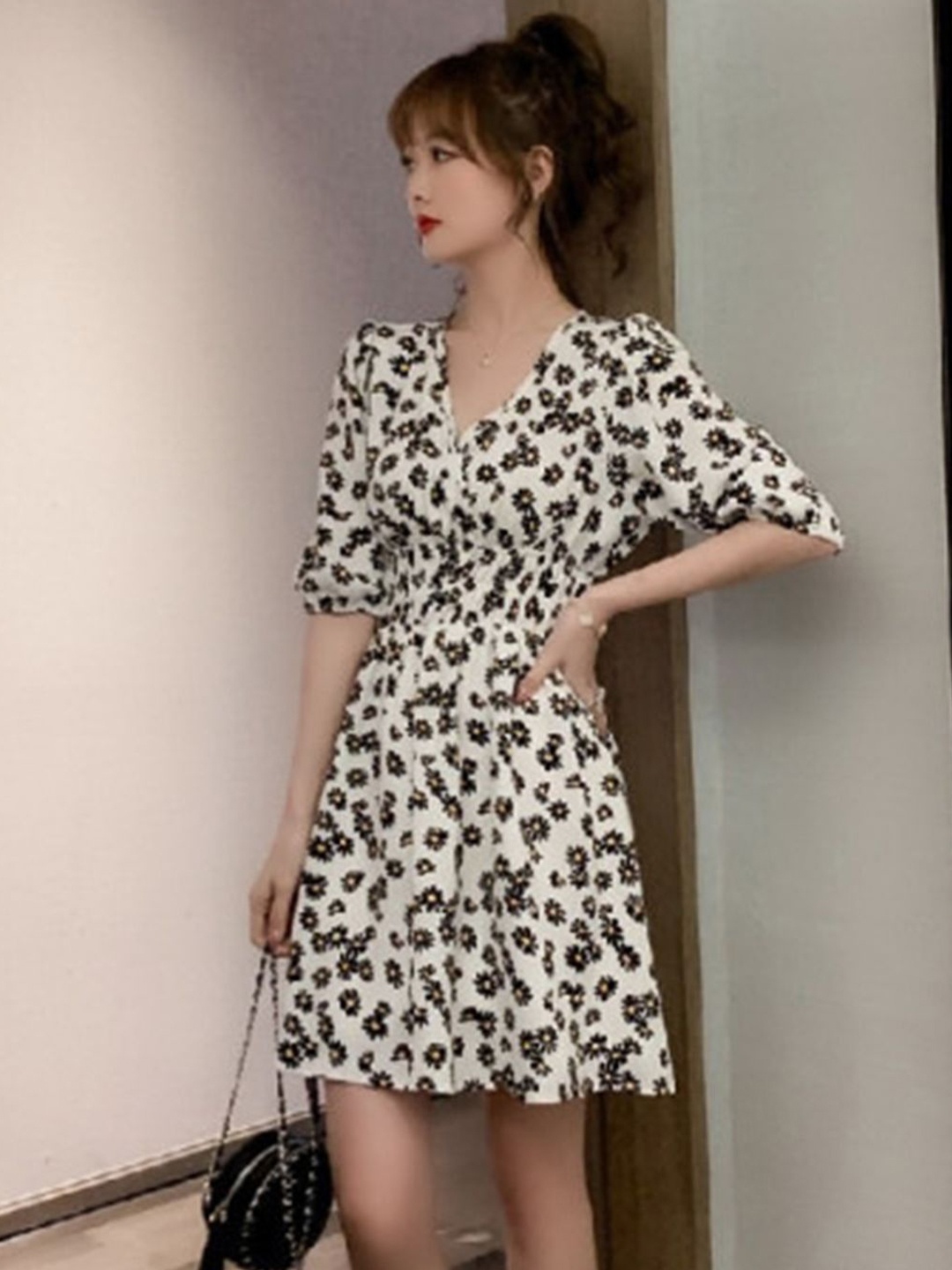 

Mast & Harbour Women Floral Printed Flared Sleeve Fit & Flare Dress, Black