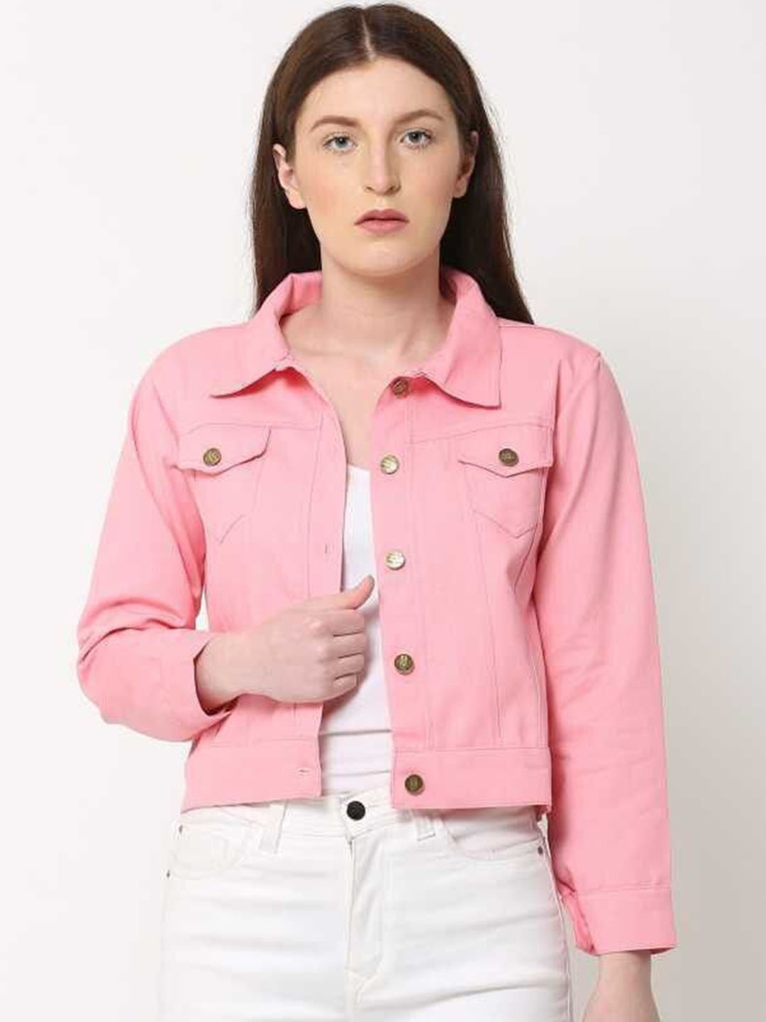 

KASHIAN Women Spread Collar Solid Casual Denim Jacket, Pink