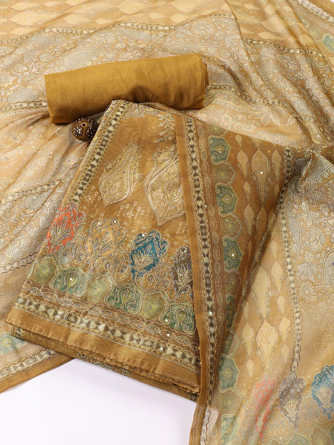 

Meena Bazaar Floral Embroidered Sequinned Chanderi Unstitched Dress Material, Mustard