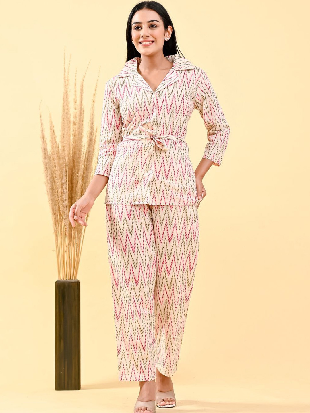 

Kaftanize Striped Tie-Front Viscose Flex Co-Ords Set, Green