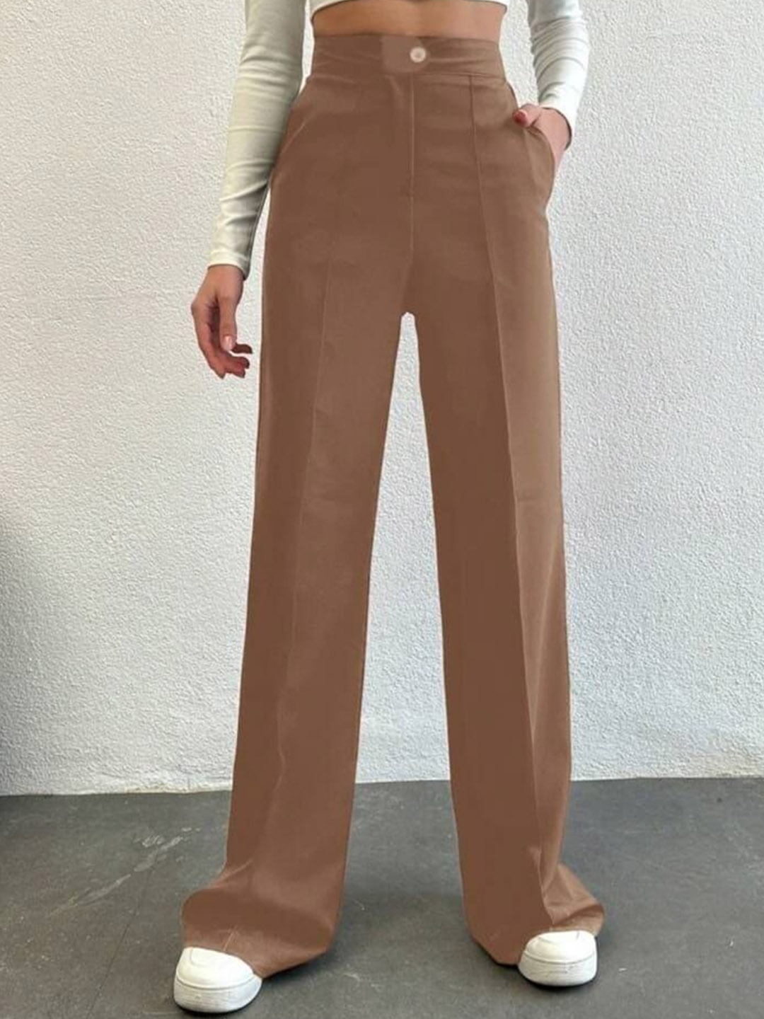 

BROADSTAR Women Smart Straight Fit High-Rise Easy Wash Pleated Trousers, Brown