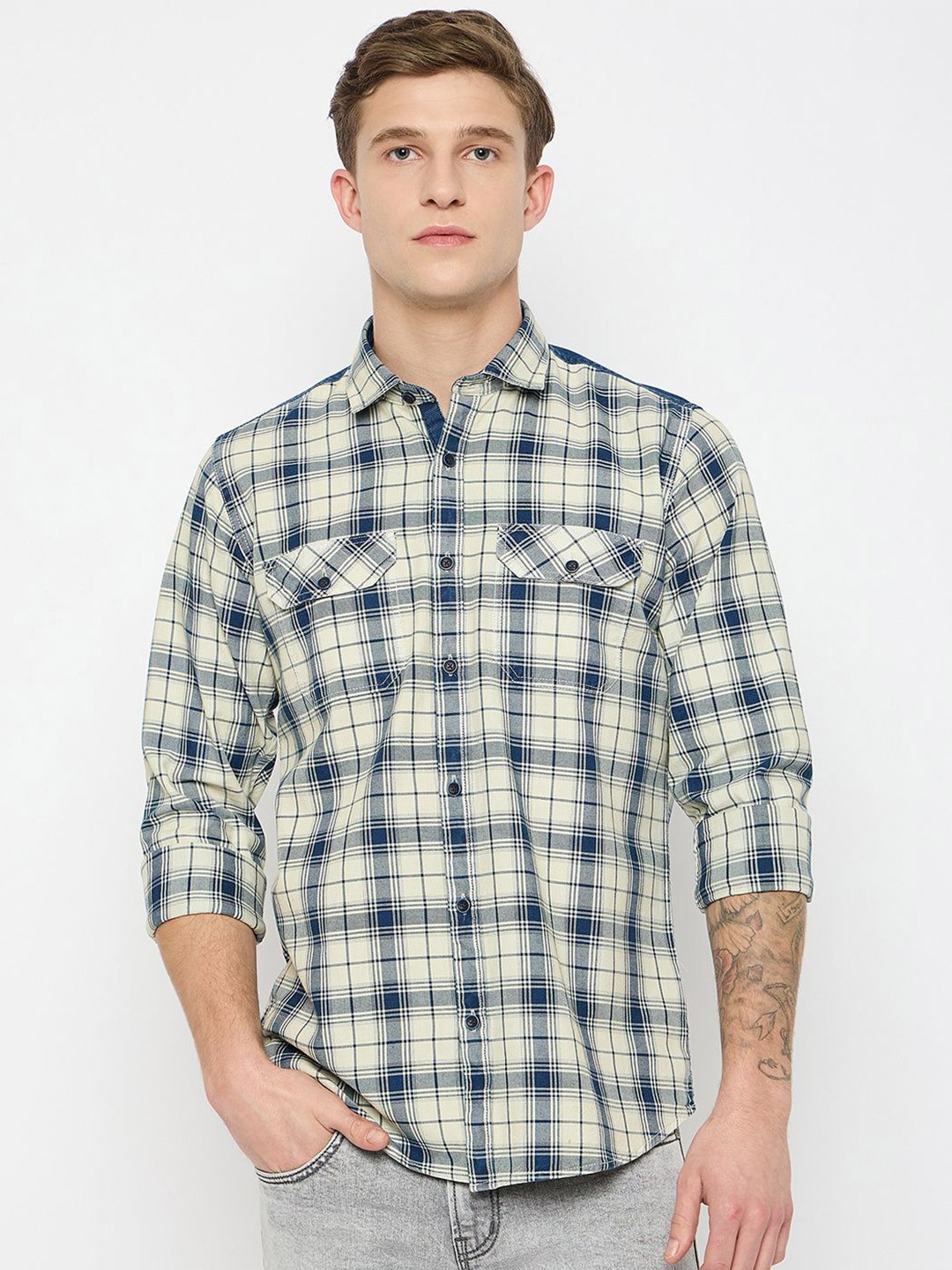 

Duke Men Spread Collar Tartan Checked Cotton Casual Shirt, Beige