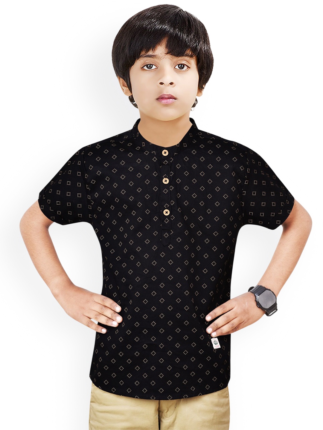 

MADE IN THE SHADE Boys Geometric Printed Band Collar Pure Cotton Short Kurta, Black