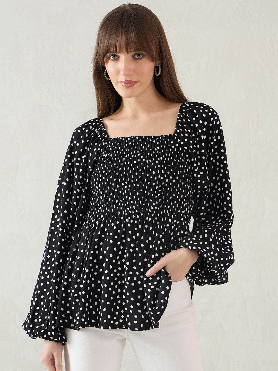 

FEMMELLA Women Abstract Printed Square Neck Empire Top, Black