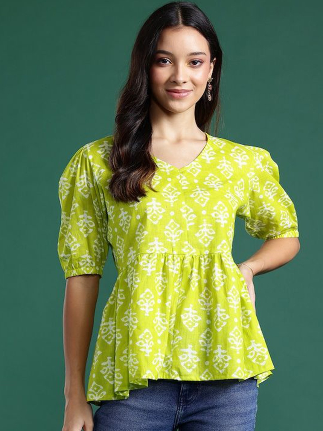 

DressBerry Floral Print Cotton Empire Top, Green
