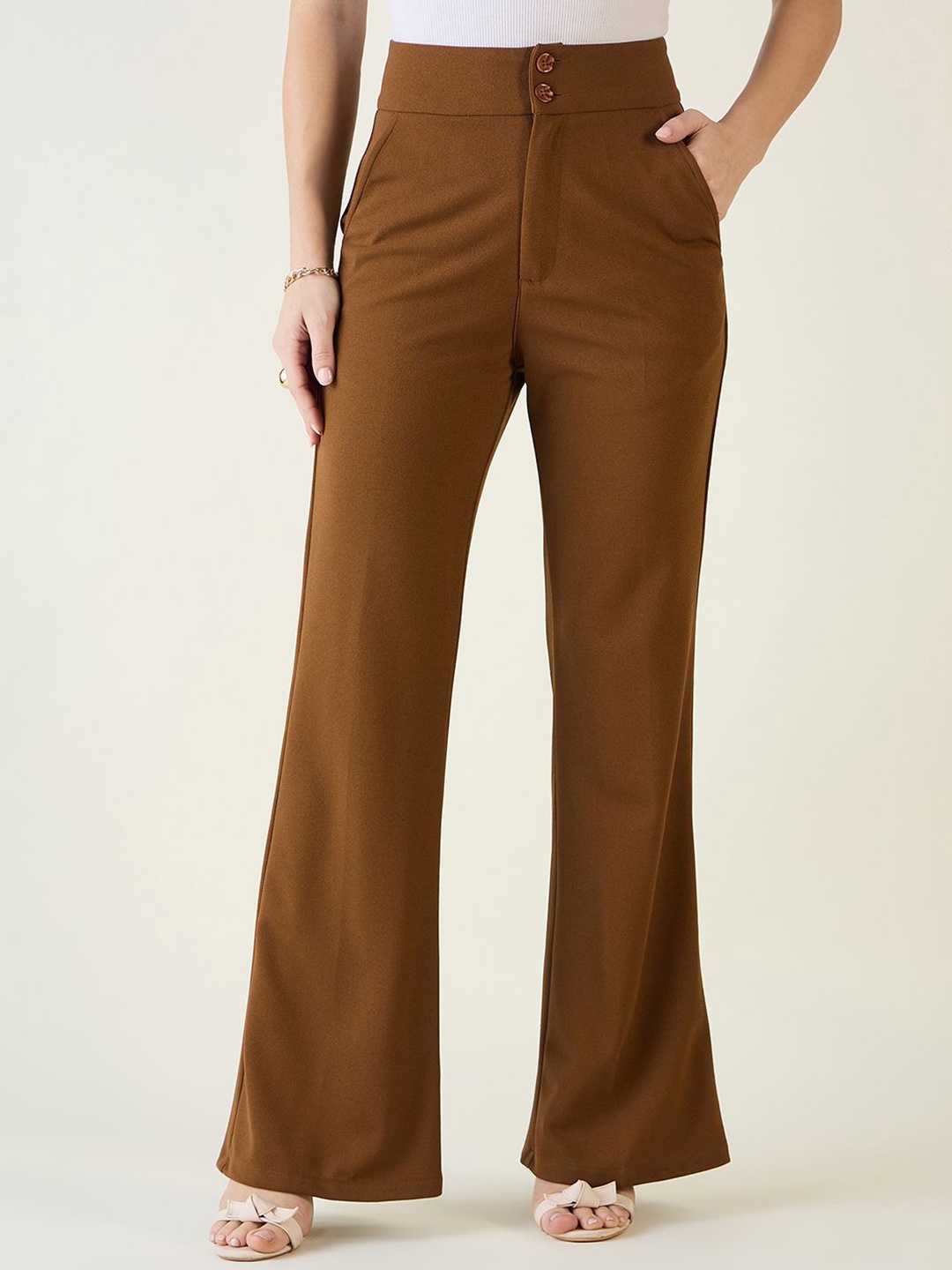 

aayu Women Relaxed Flared High-Rise Wrinkle Free Trousers, Brown