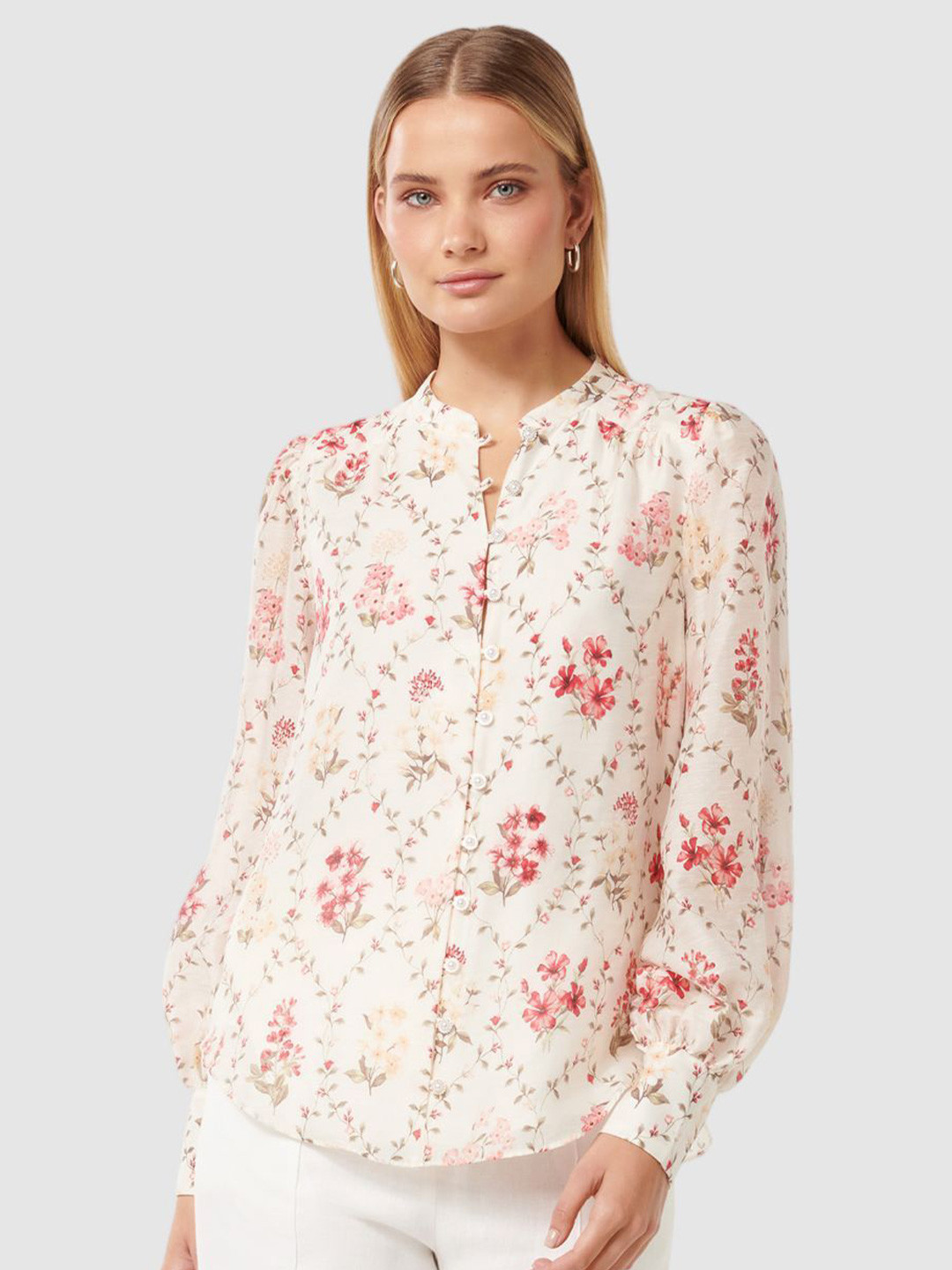 

Forever New Women Floral Printed Mandarin Collar Shirt Style Top, White