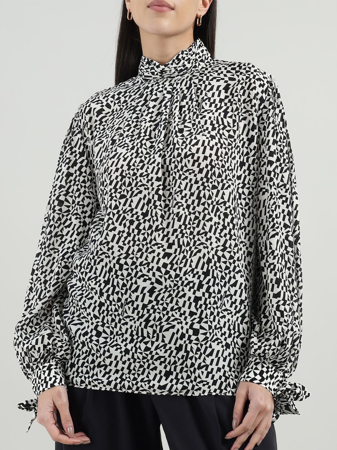 

Karl Lagerfeld Animal Print Tie-Up Neck Pure Silk Top, Black