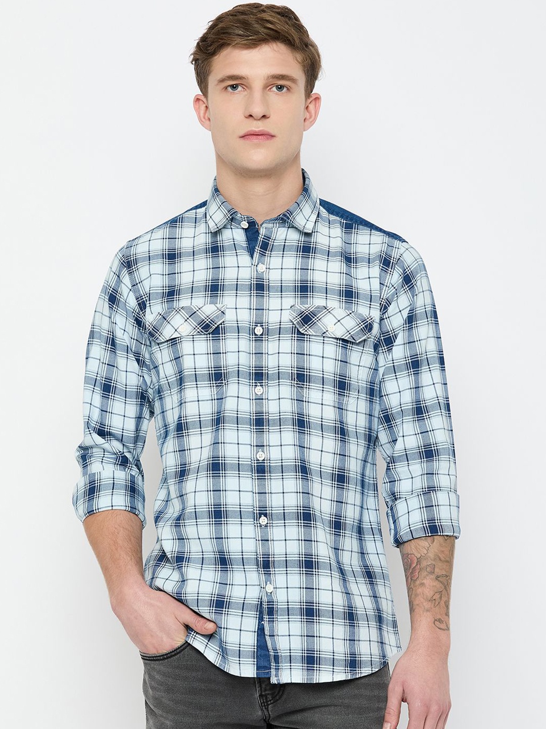

Duke Men Spread Collar Tartan Checked Cotton Casual Shirt, Navy blue