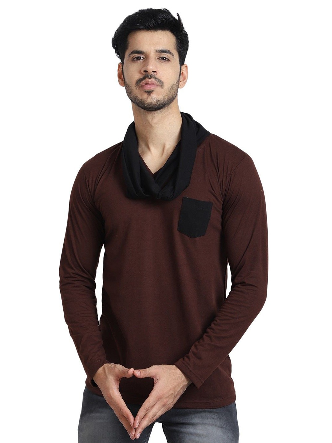 

Black Collection Men Solid V-Neck Cotton Slim Fit T-shirt, Brown