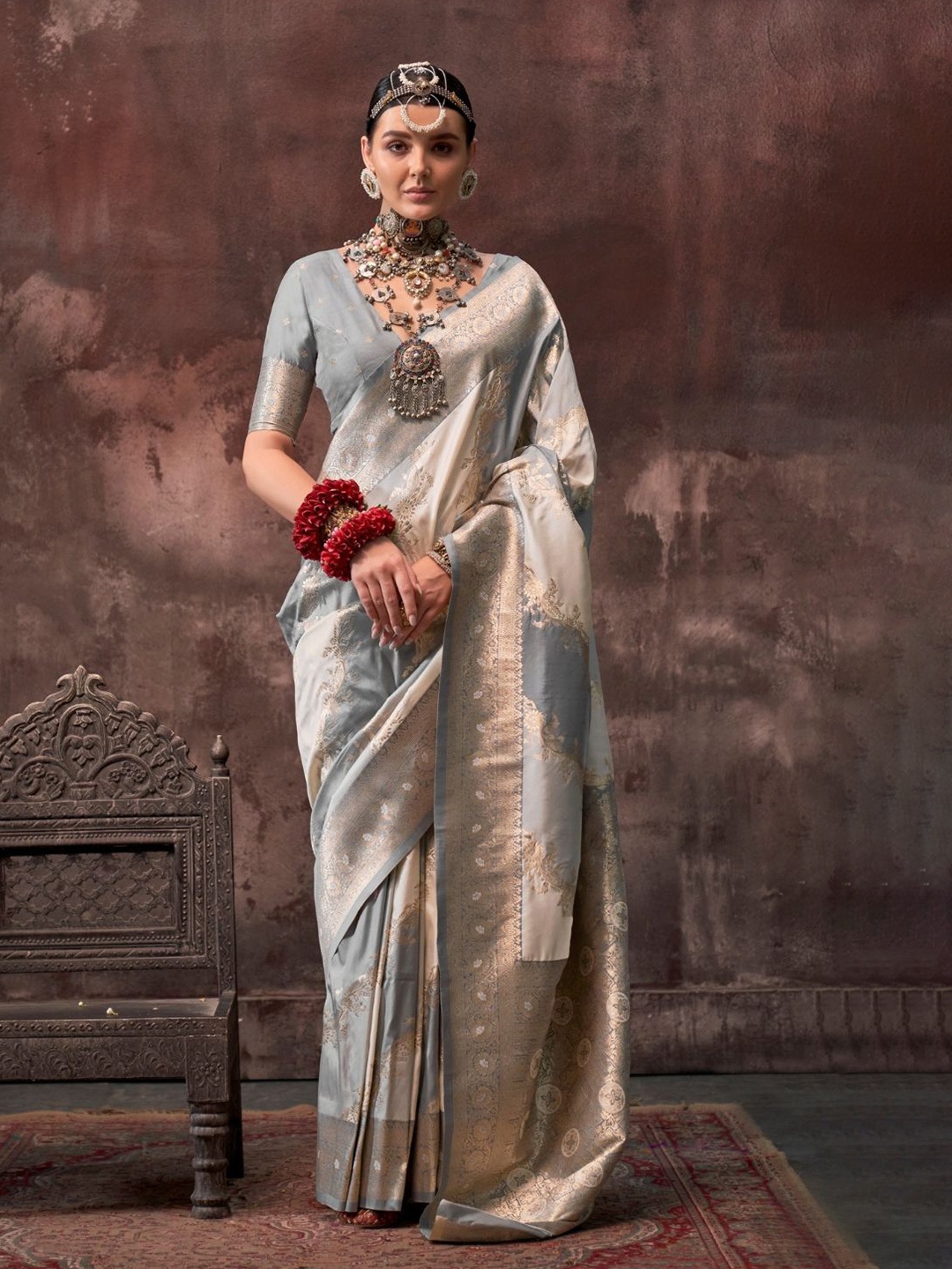 

PEENGAX Woven Design Embroidered Silk Blend Banarasi Saree, Grey