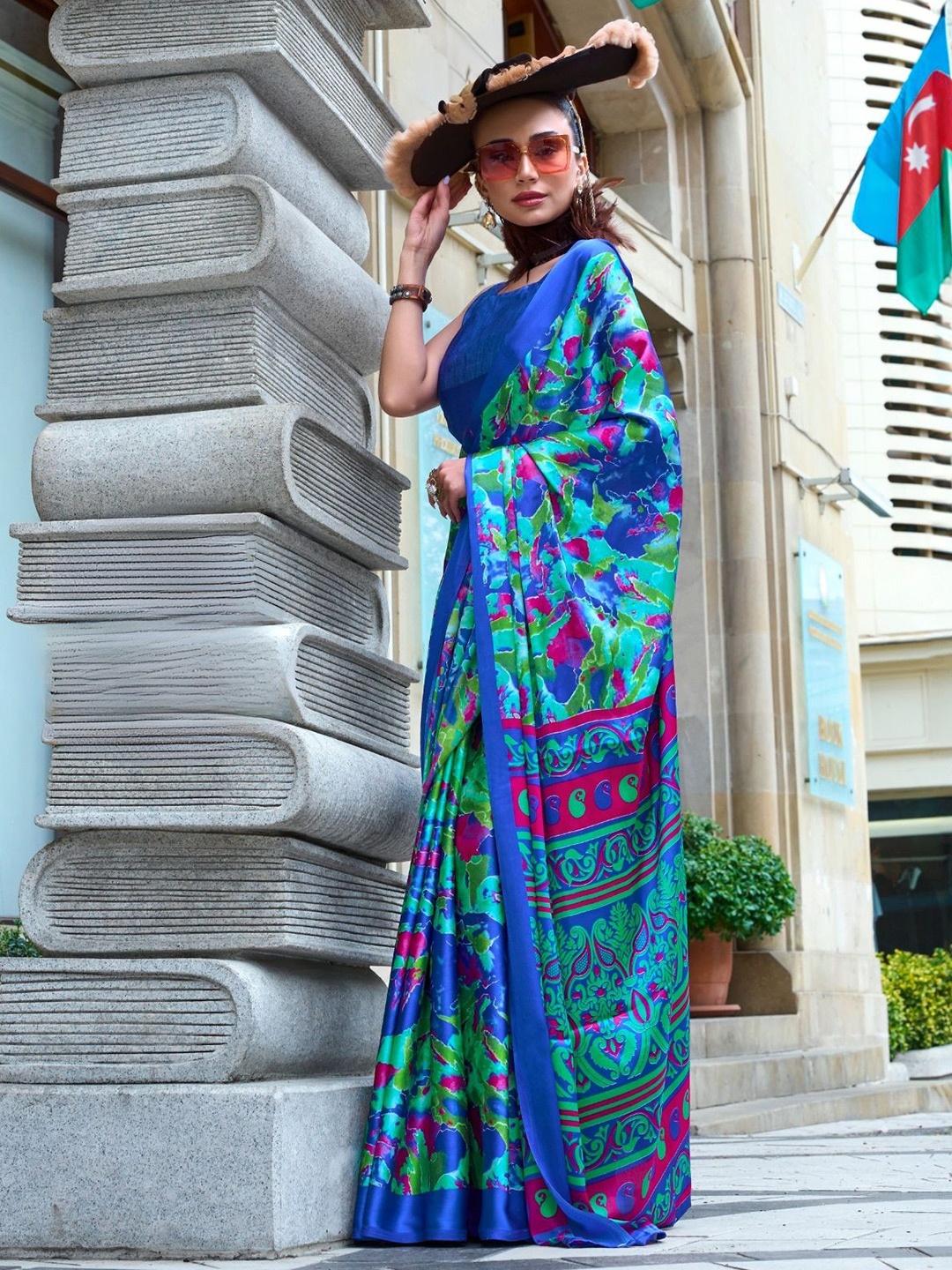 

PEENGAX Satin Saree, Blue