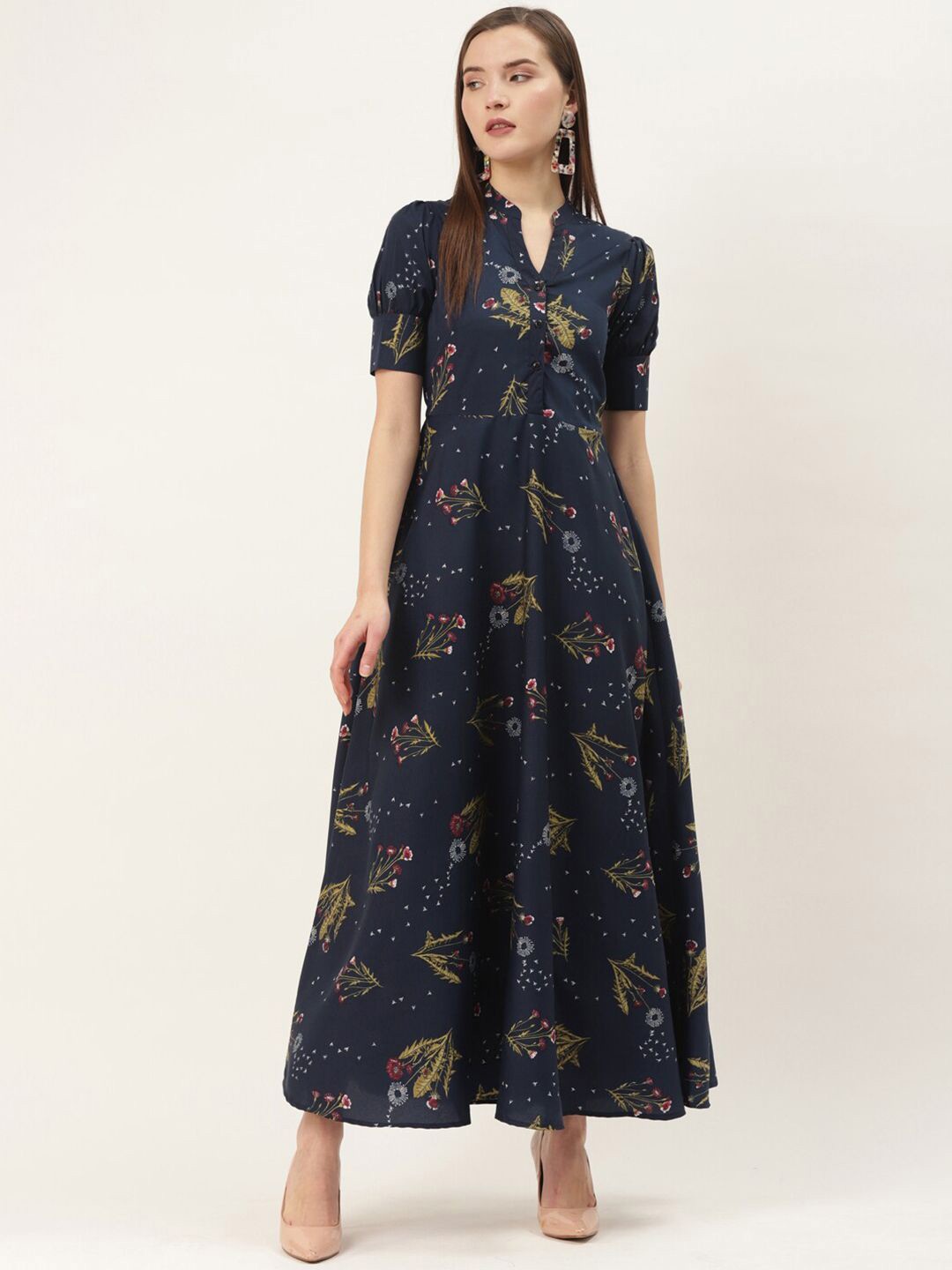 

DressBerry Women Floral Printed A-Line Maxi Dress, Navy blue
