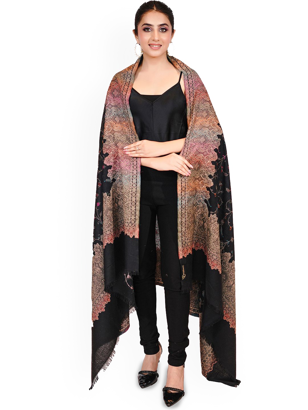 

PASHMAL INDIA PRIVATE LIMITED Floral Printed Woollen Shawl, Black