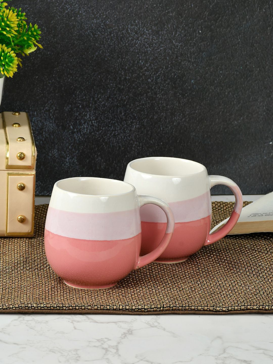 

CLIO'S HERITAGE STORE Trio Pink & White Pack of 2 Printed Ceramic Coffee Mugs