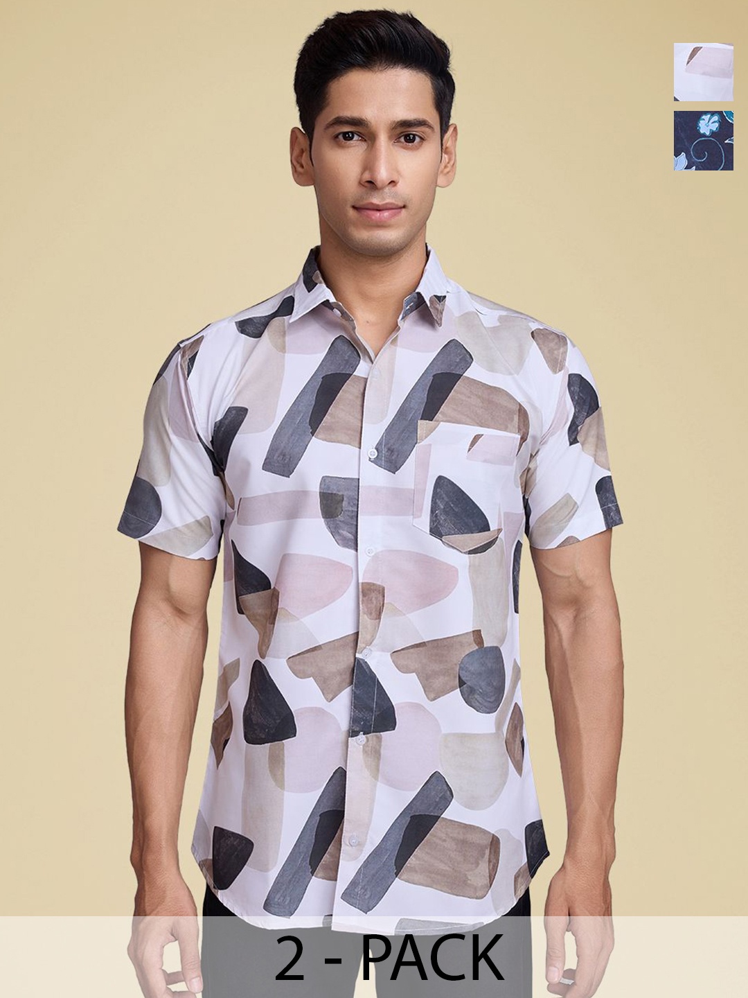 

Moda Rapido Men Pack Of 2 Standard Fit Spread Collar Floral Printed Cotton Casual Shirts, Off white