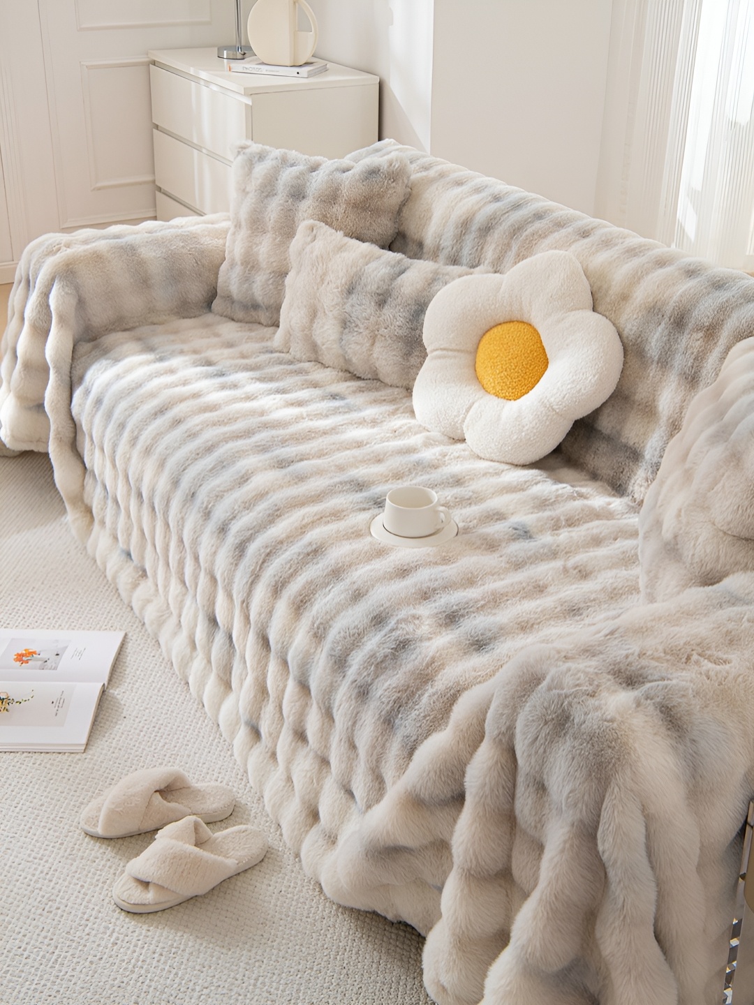 

HOKIPO Cream-Color 3 Seater Textured Woollen Sofa Throw