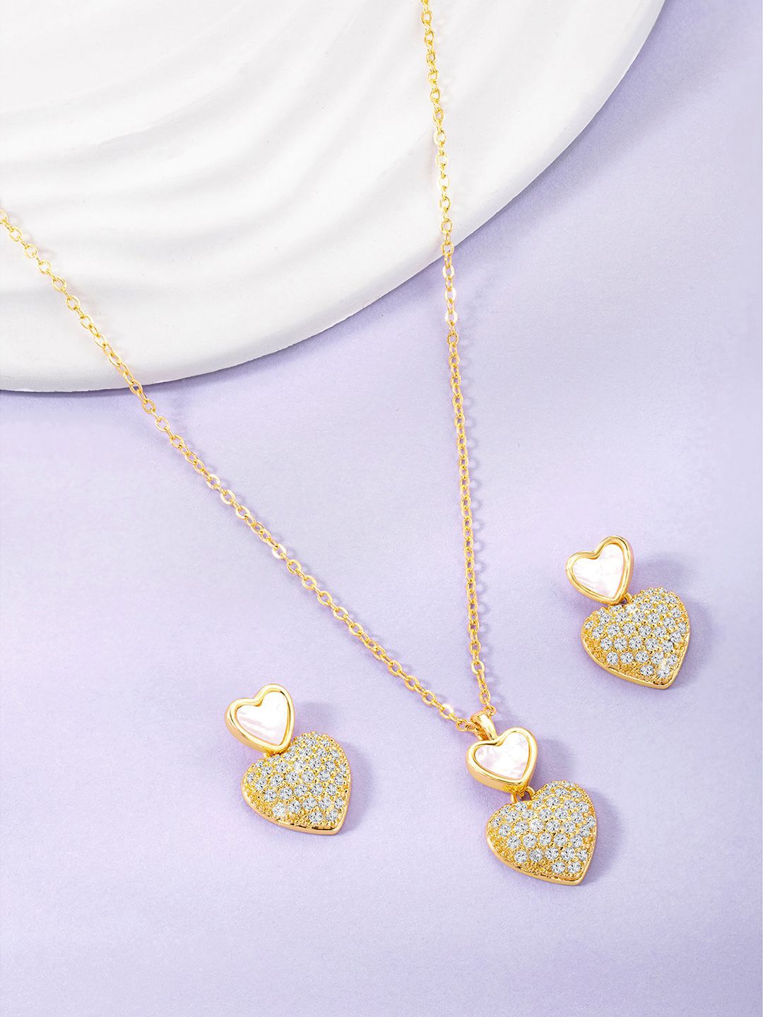 

Peora Gold-Plated Cubic Zirconia Studded Heart Shaped Necklace And Earrings