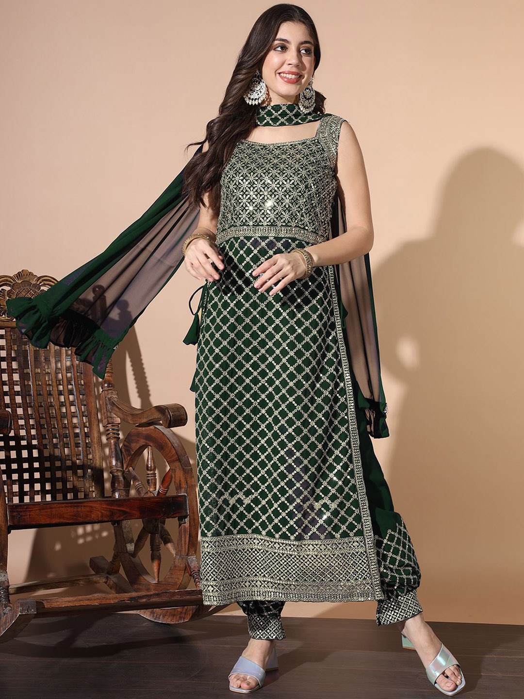 

Chhabra 555 Checked Embroidered Sequinned Straight Kurta With Salwar And Dupatta, Green